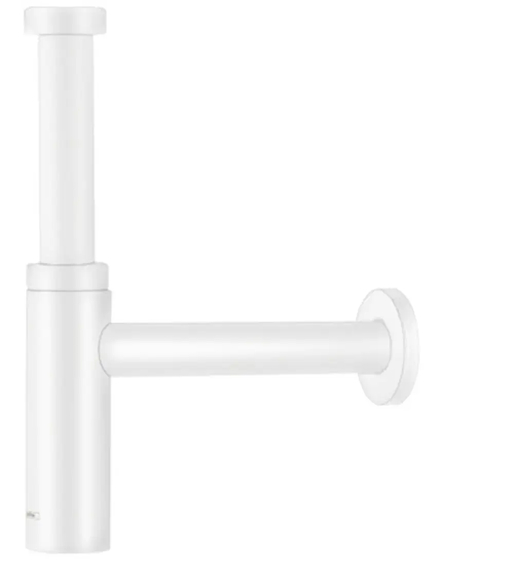 Hansgrohe Designsiphon in Mattweiß, bestehend aus einem vertikalen Rohr und einem horizontalen Anschlussrohr, zur Verwendung in Sanitäranlagen.